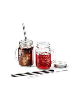 Glass mug with lid, drinking straw and tea spout cleaner