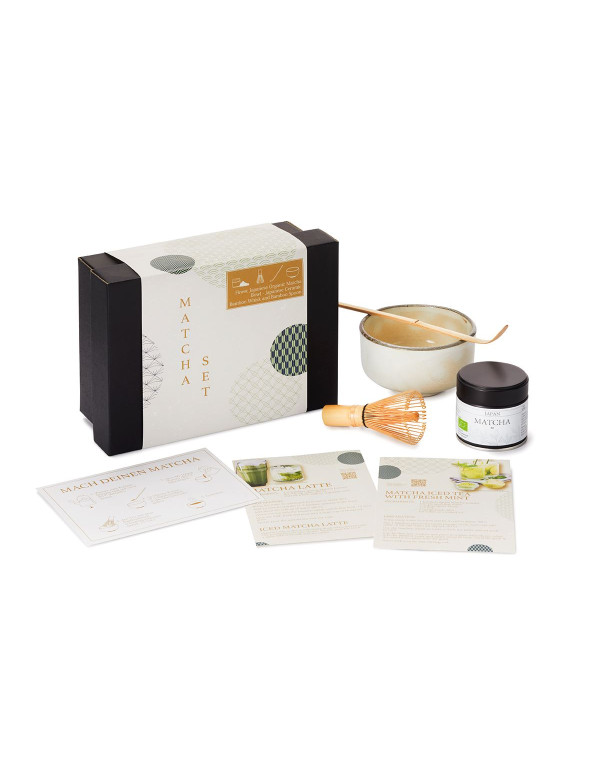 Premium Japanese Matcha Gift Set with ceramic bowl bamboo whisk and organic Matcha Kawane tea