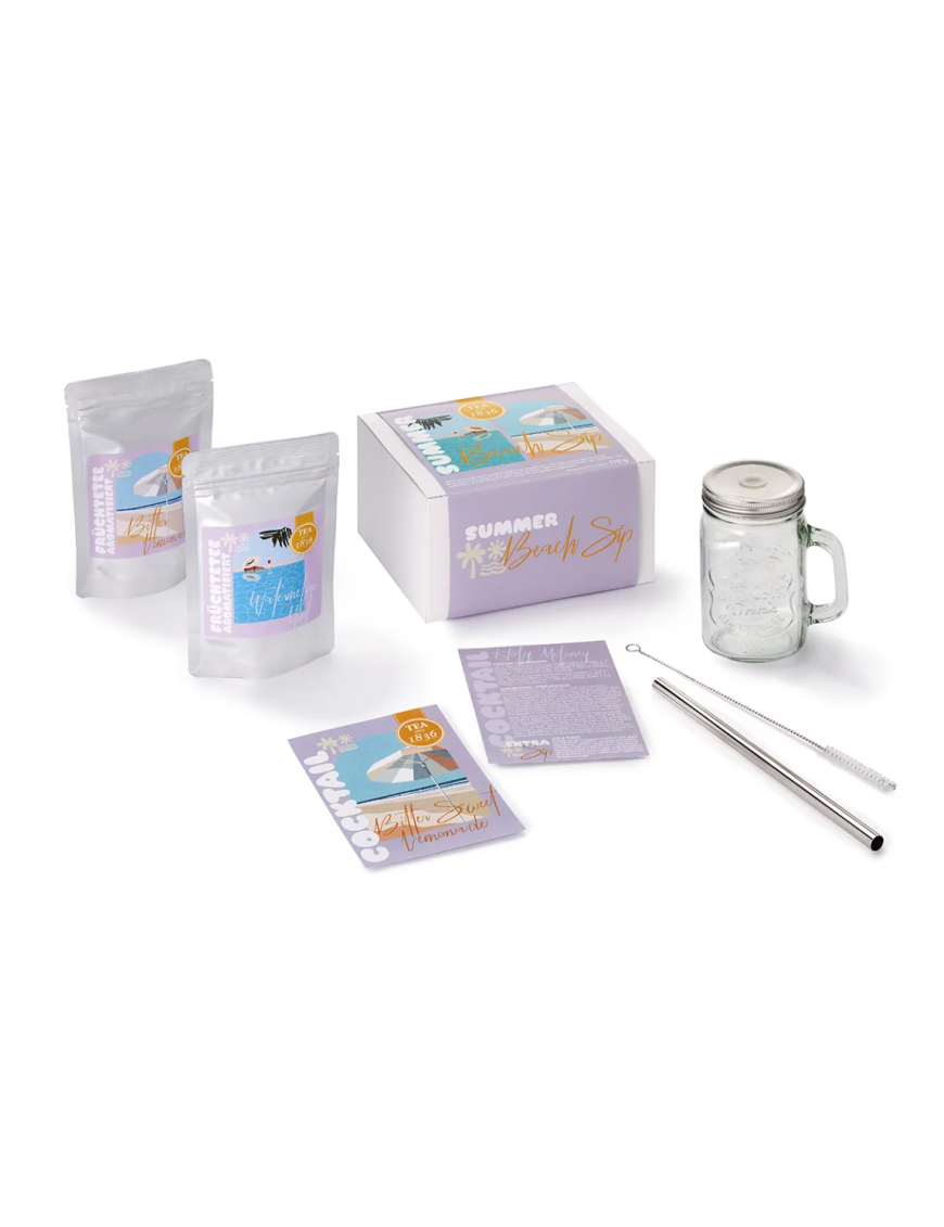 Summer Beach Sip gift set – two iced teas, mason jar glass with straw and recipe cards