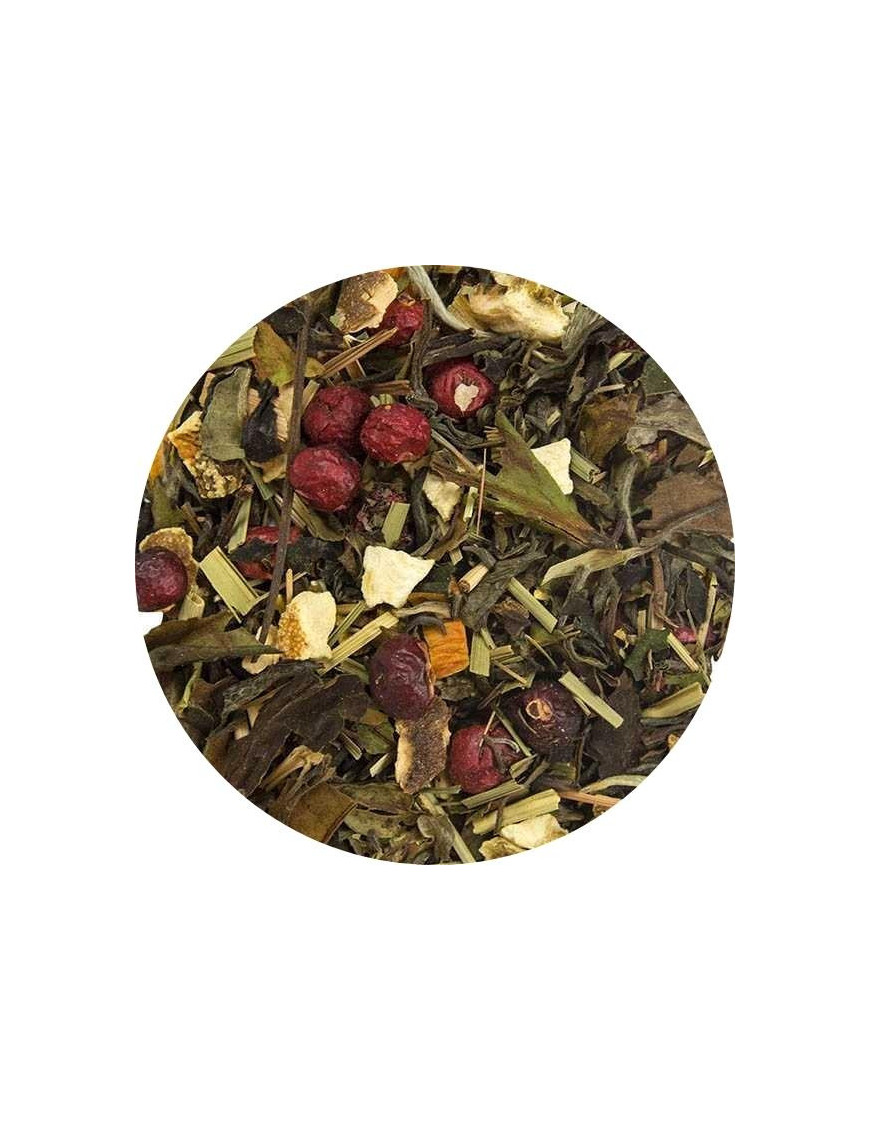 loose leaf white tea, green tea, lemongrass, liquorice root and ginger