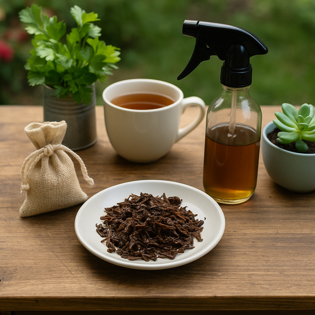Used loose leaf tea on a plate with tea cup, spray bottle, and herbs outdoors – reuse loose leaf tea naturally