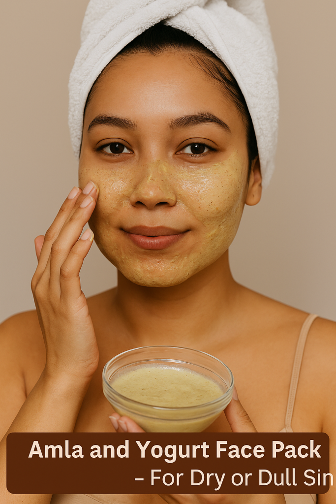 Woman applying Amla and yogurt face mask for dry skin care – natural Ayurvedic beauty remedy