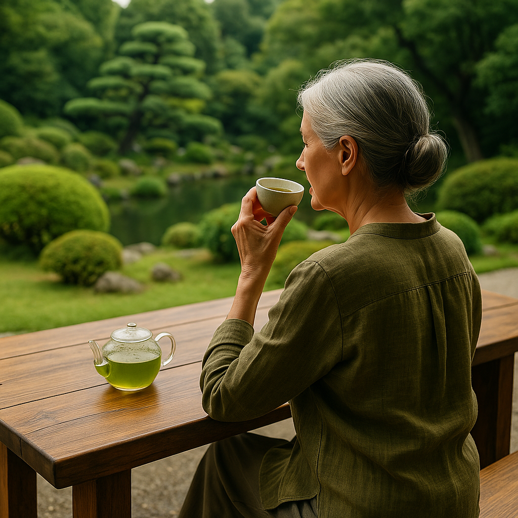 A mature woman with light skin and grey hair sits at a wooden table in a lush garden, peacefully enjoying a cup of green tea.