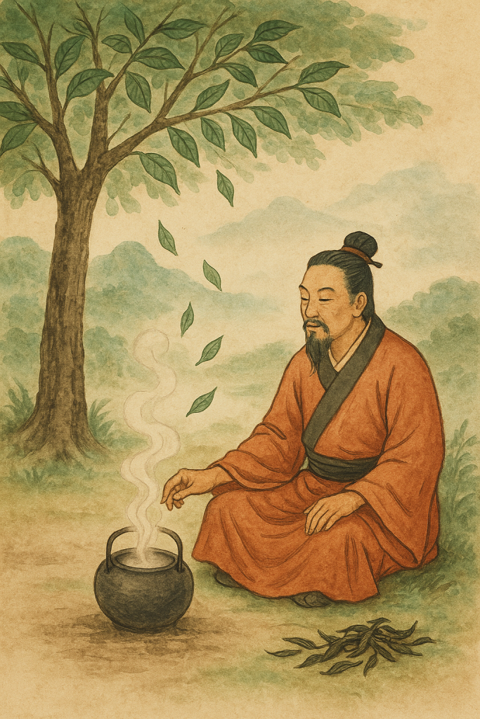 Illustration of Emperor Shen Nung discovering tea under a Camellia sinensis tree as leaves fall into a boiling pot